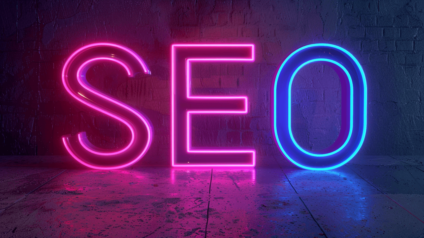 The letters 'SEO' are displayed large in neon shades of pink, purple and blue
