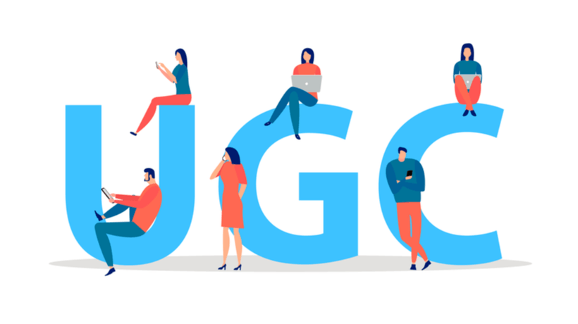 The letters UGC with cartoon figures sitting and standing around them with mobile devices