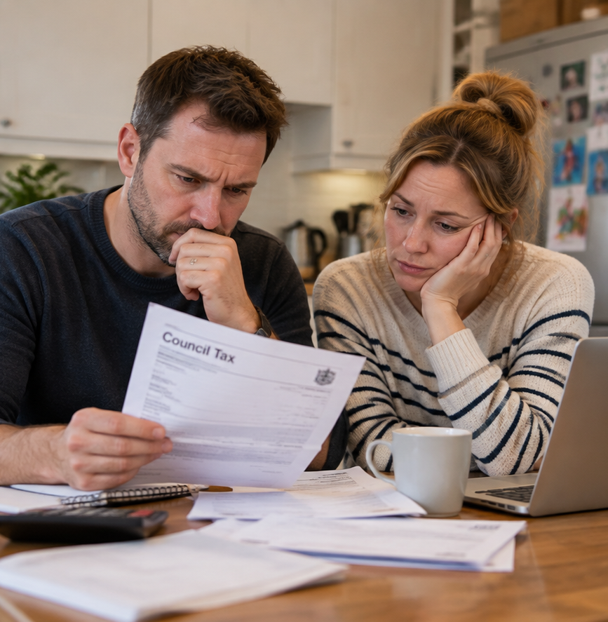 UK household looking through Council Tax and household bills