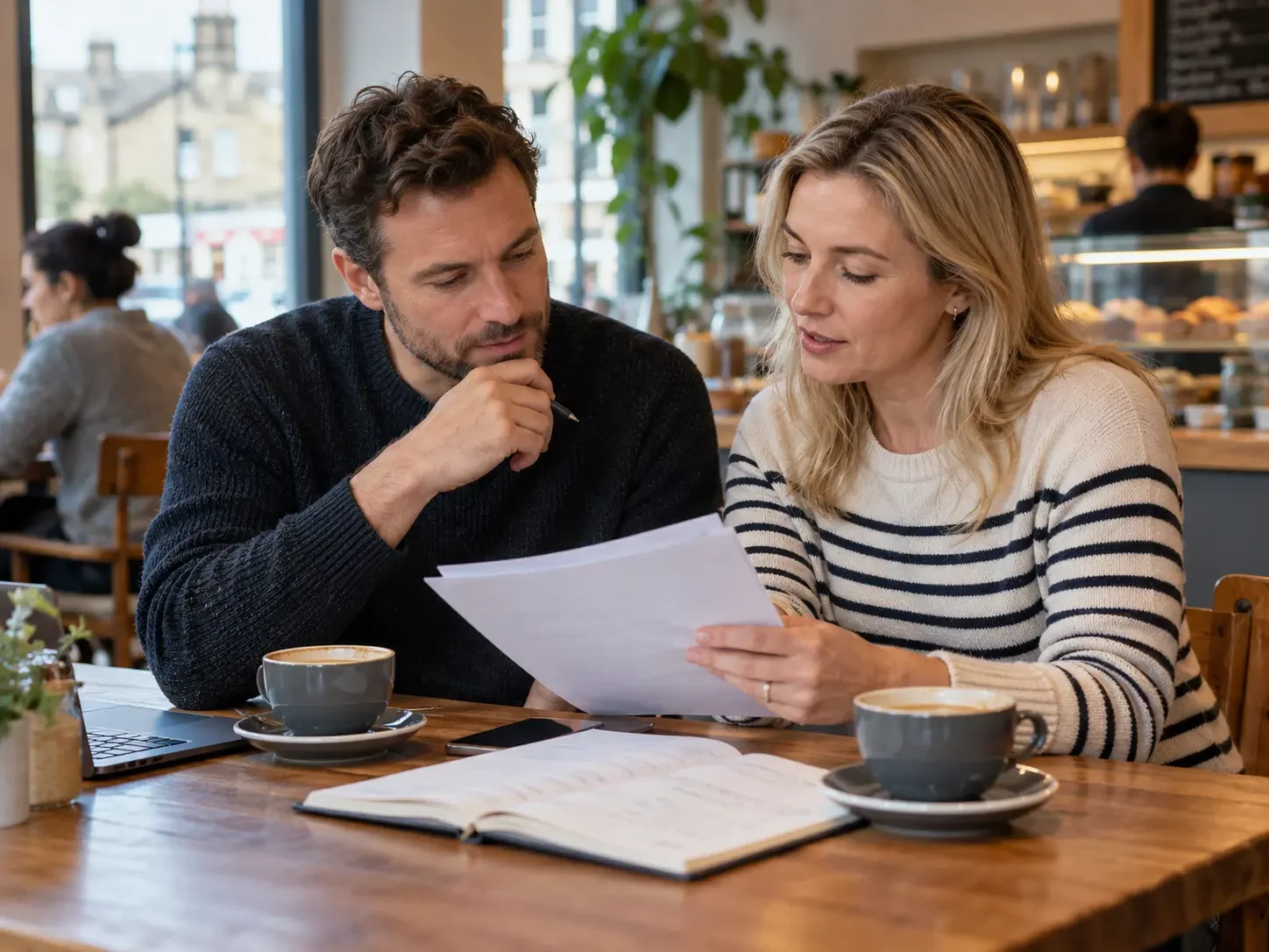 Two people in a British cafe reviewing financial paperwork together