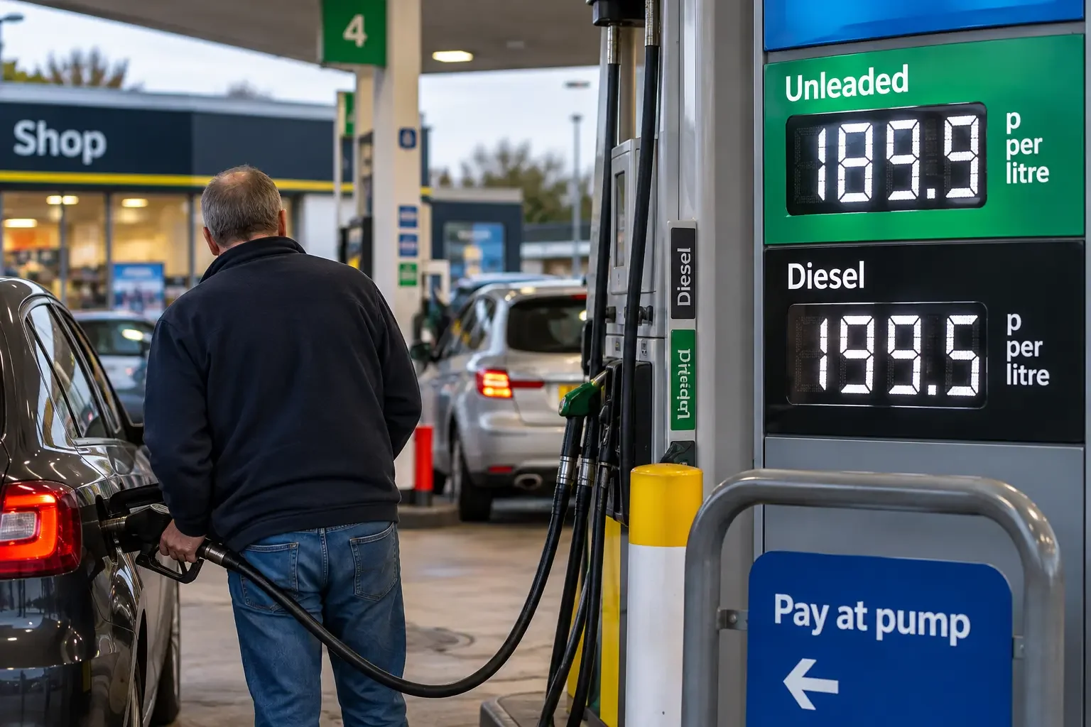 UK petrol station showing diesel prices close to two pounds per litre