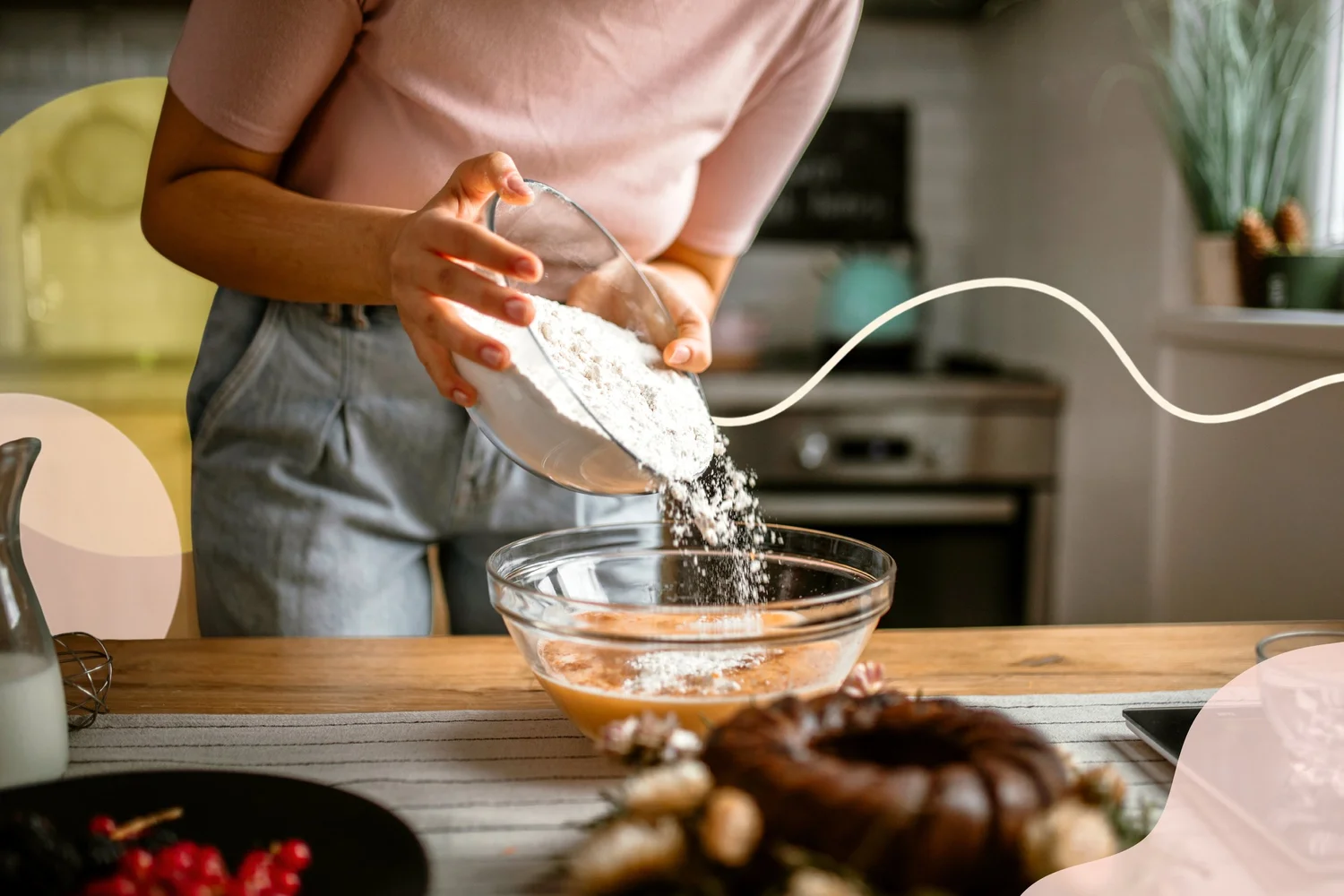 Bowls of different gluten-free flours and starches on a kitchen counter