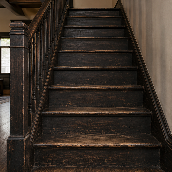 Wood stairs before laser stripping