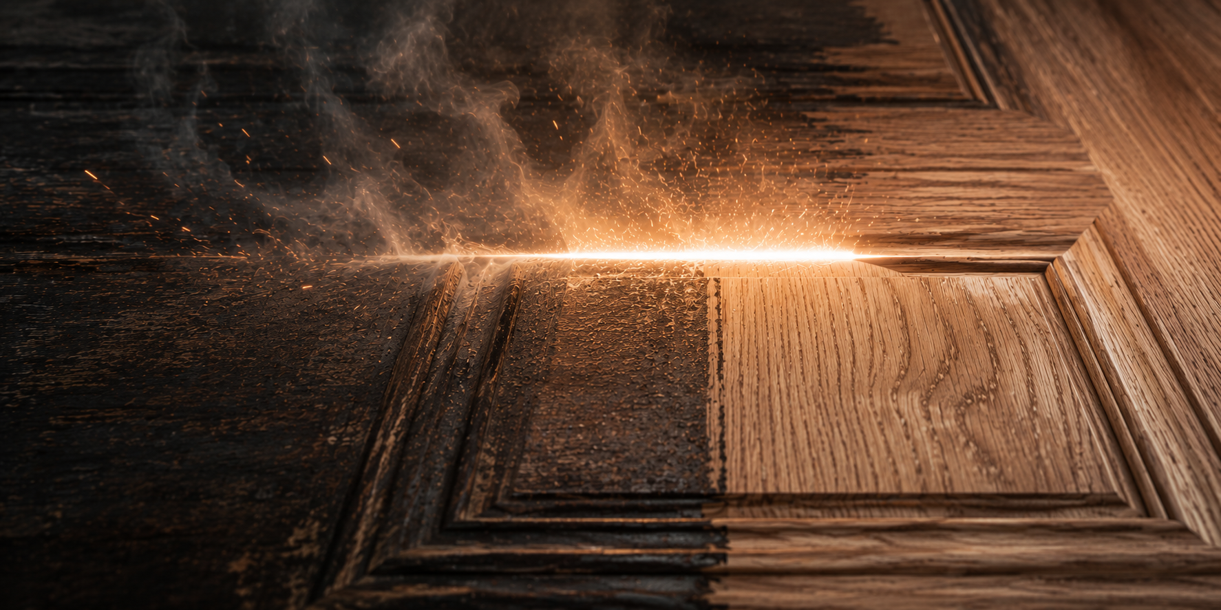 Laser stripping old coating from natural wood