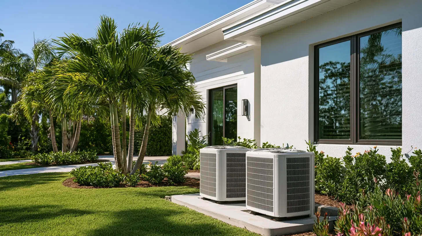 Clean modern air conditioning condenser units beside a bright Southwest Florida home in warm daylight, editorial photography, no people