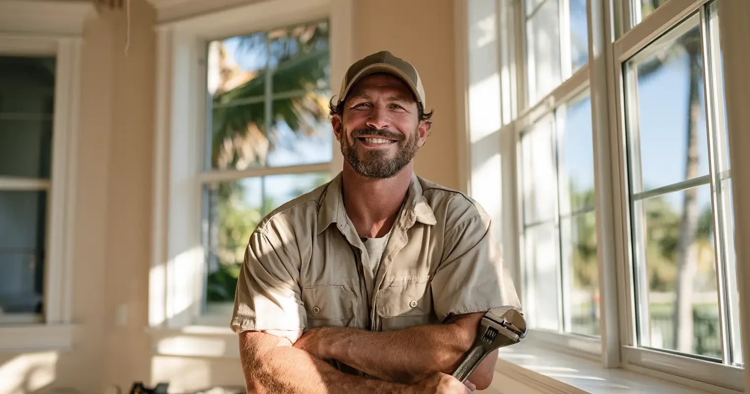 Plumber smiling confidently in a bright Miami home interior with warm daylight, editorial documentary portrait