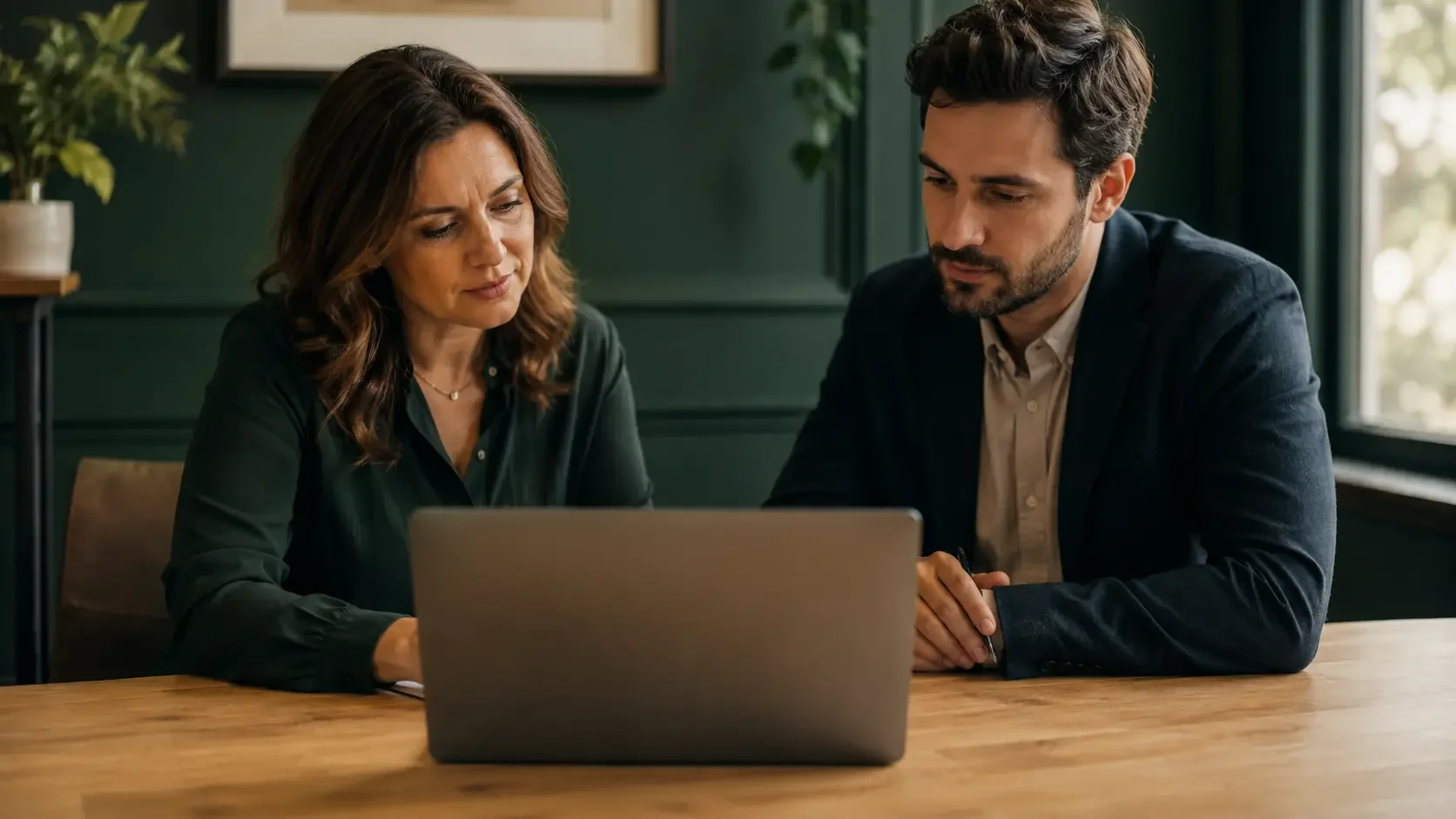 Compliance officer and marketing lead reviewing website content together on a laptop in a warm modern office with dark green accents, focused editorial documentary portrait