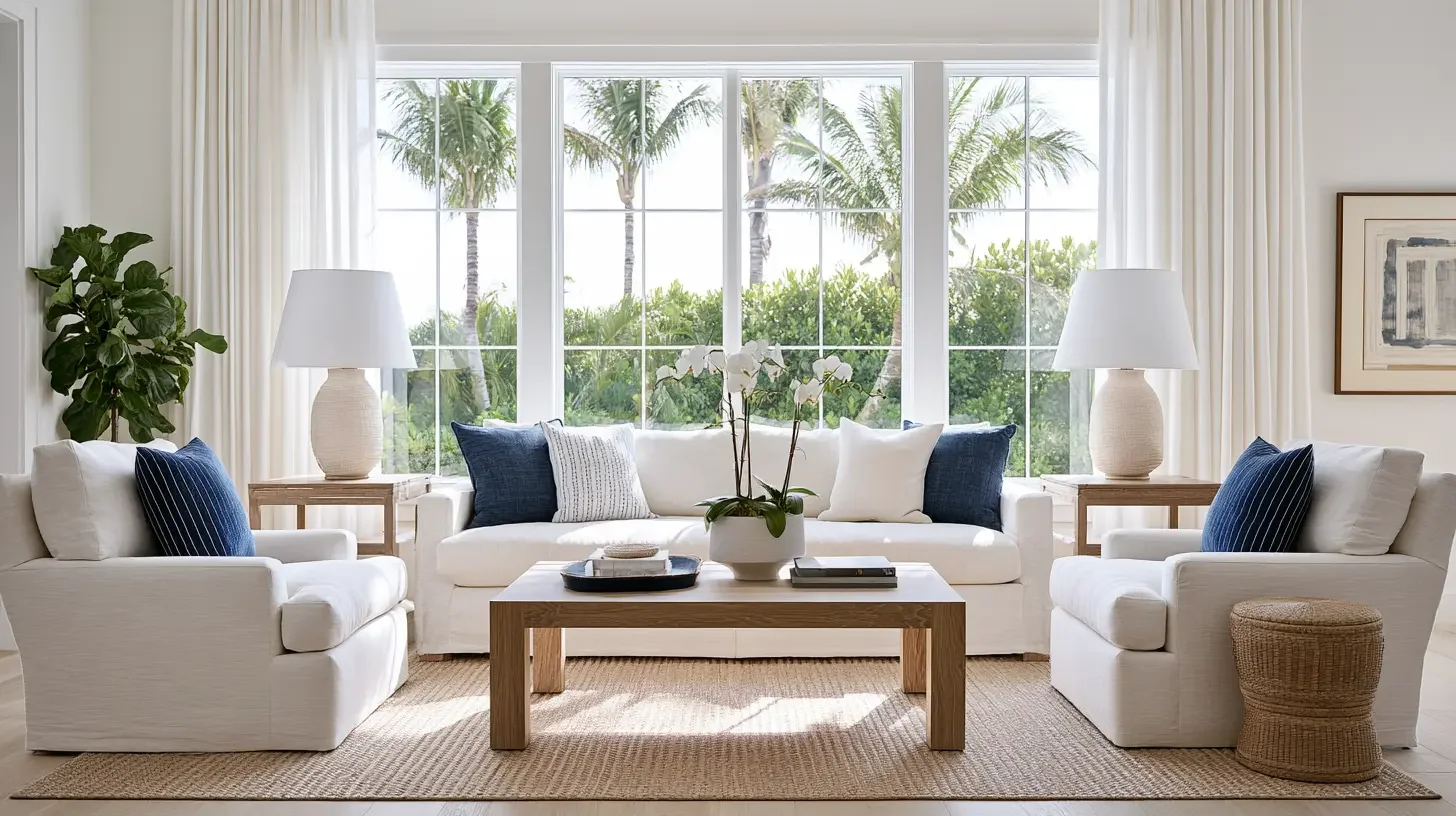 Bright Southwest Florida living room with large new impact windows and natural light, editorial interior photography, no people