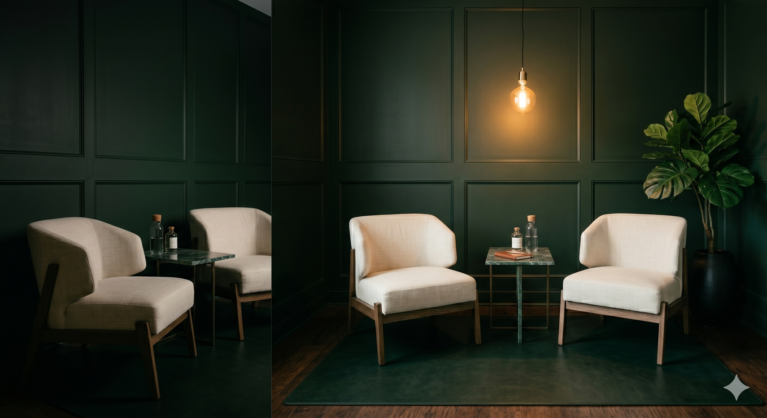 Luxury medspa consultation room interior with dark forest green walls, warm pendant lighting, cream linen chairs and sparse botanical styling, editorial interior photography