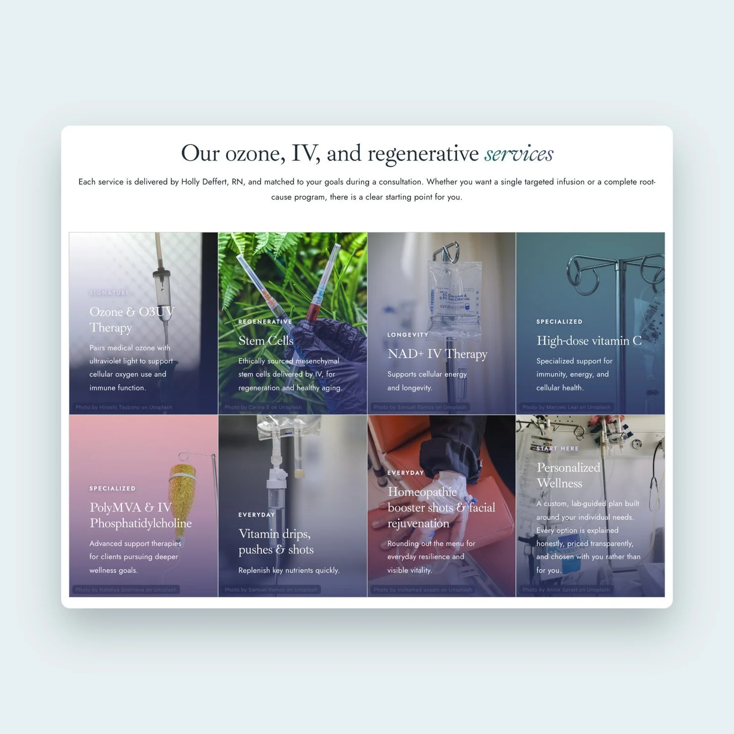 Hygeia services grid on the home page