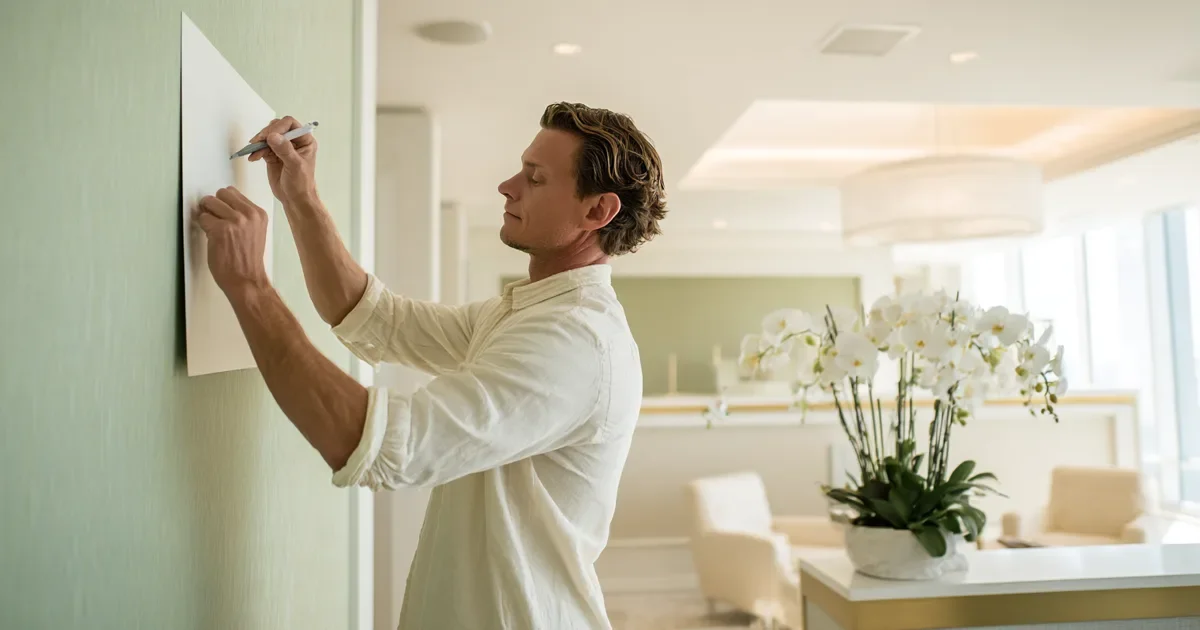 Rebranding a medical practice: an installer mounts a blank cream sign panel on the reception wall of a bright medical practice with soft sage walls and white orchids, no lettering shown.
