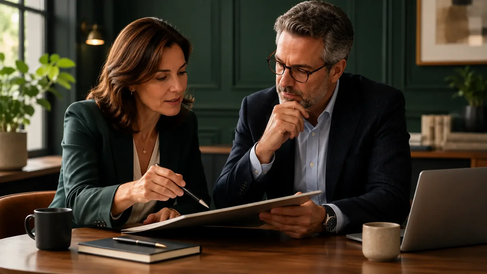 Two regulated-industry professionals reviewing content together at a table in a warm modern office with dark green accents and natural light, collaborative editorial documentary portrait