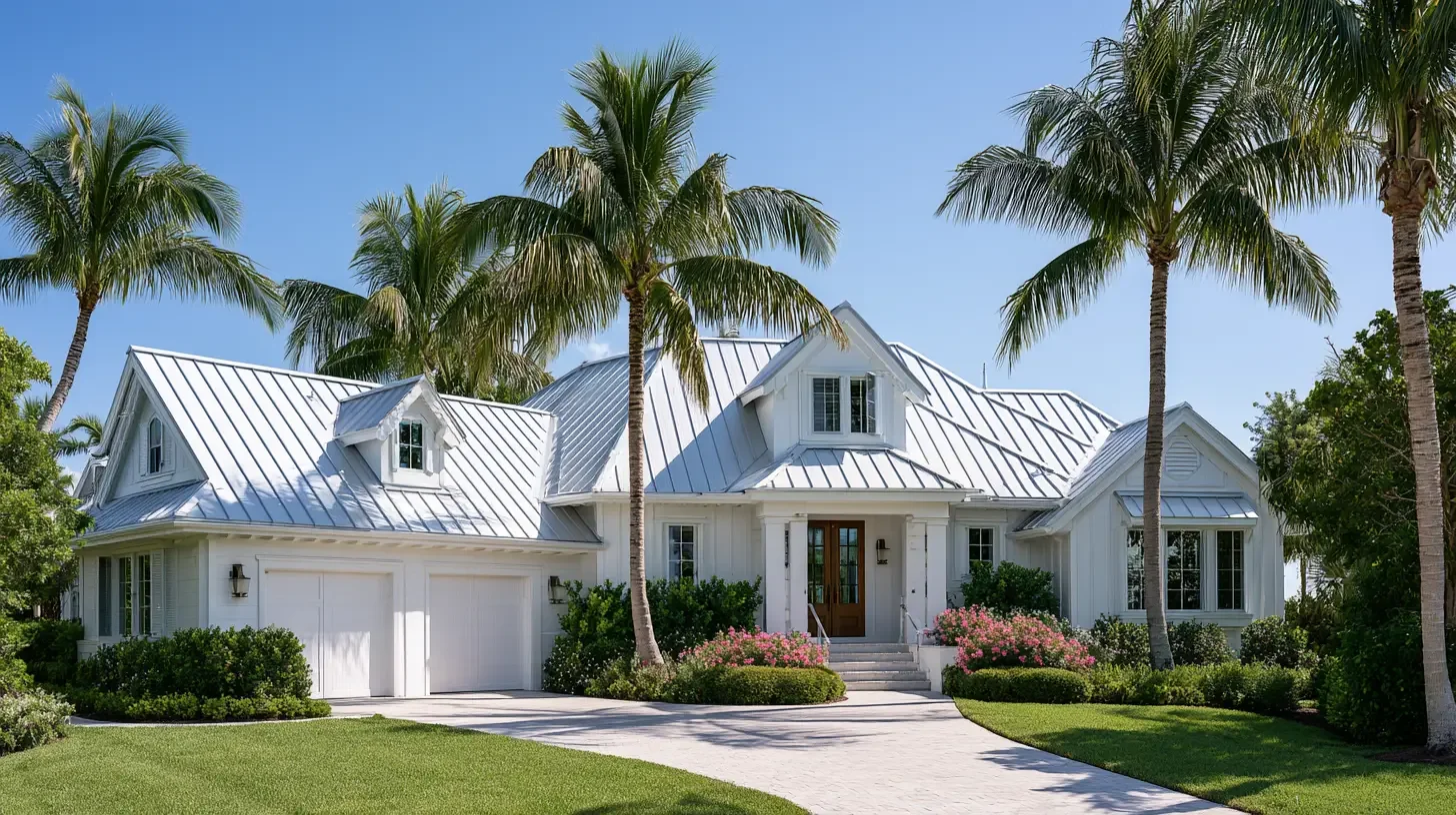 New metal roof on a Southwest Florida home in bright warm daylight, editorial architectural photography, no people