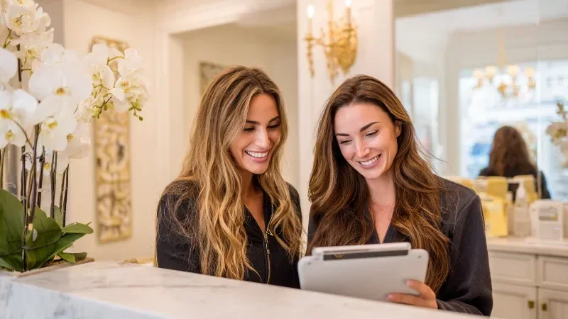 Two smiling med spa team members in dark tops look at a tablet together at a white marble reception desk beside white orchids and gold wall sconces, with no treatments or patients shown.