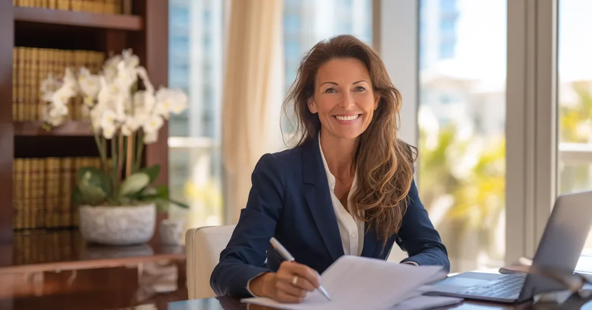 Law firm marketing budget: a confident attorney in a navy suit reviews a printed monthly budget at a walnut desk in a bright Naples office, with law books and a white orchid behind her.