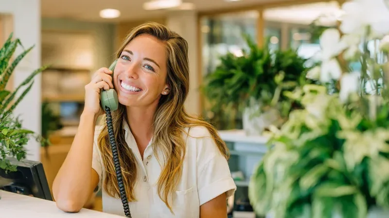 A smiling receptionist talks on a desk phone at the bright front desk of a modern office surrounded by green plants and white orchids.