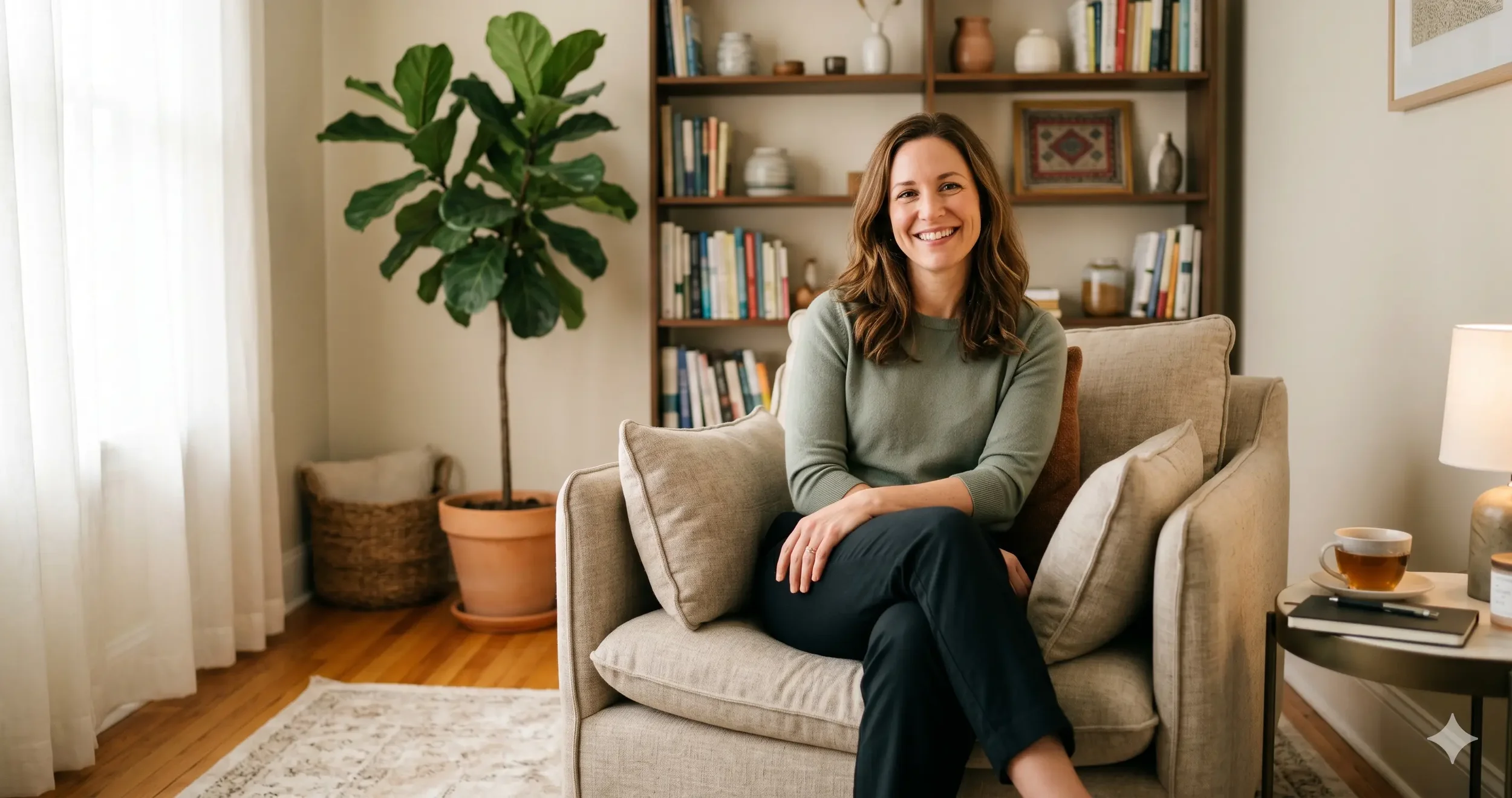 Female therapist seated in a low comfortable armchair in a calm warmly lit consultation room with indoor plants and natural light, welcoming and professional, editorial portrait