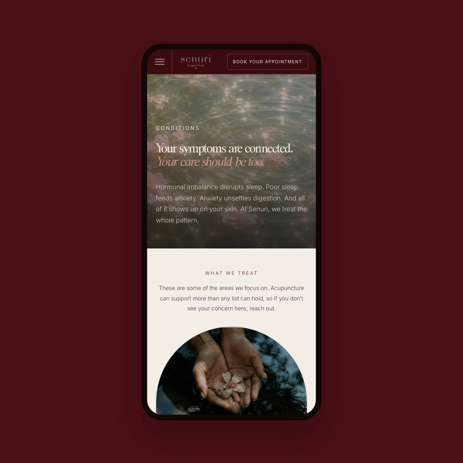 Senuri Acupuncture conditions page on mobile