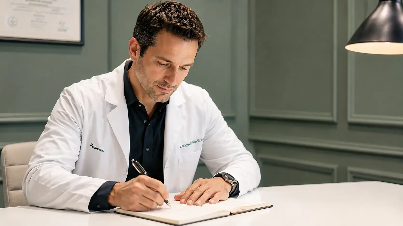 Longevity clinic physician writing clinical notes at a clean desk with warm amber lamp light from the side and dark forest green walls, focused editorial detail portrait
