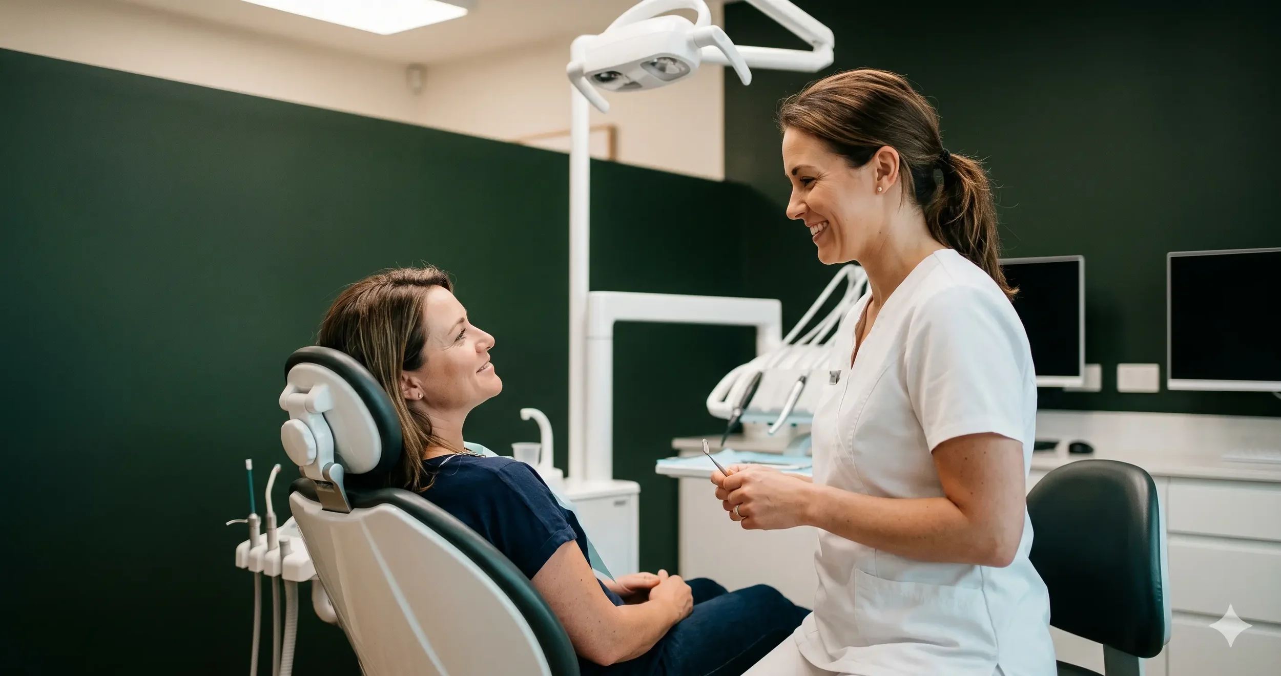 Female dentist in a modern warmly lit treatment room smiling genuinely at a relaxed patient, dark green accent wall, approachable and professional, editorial portrait