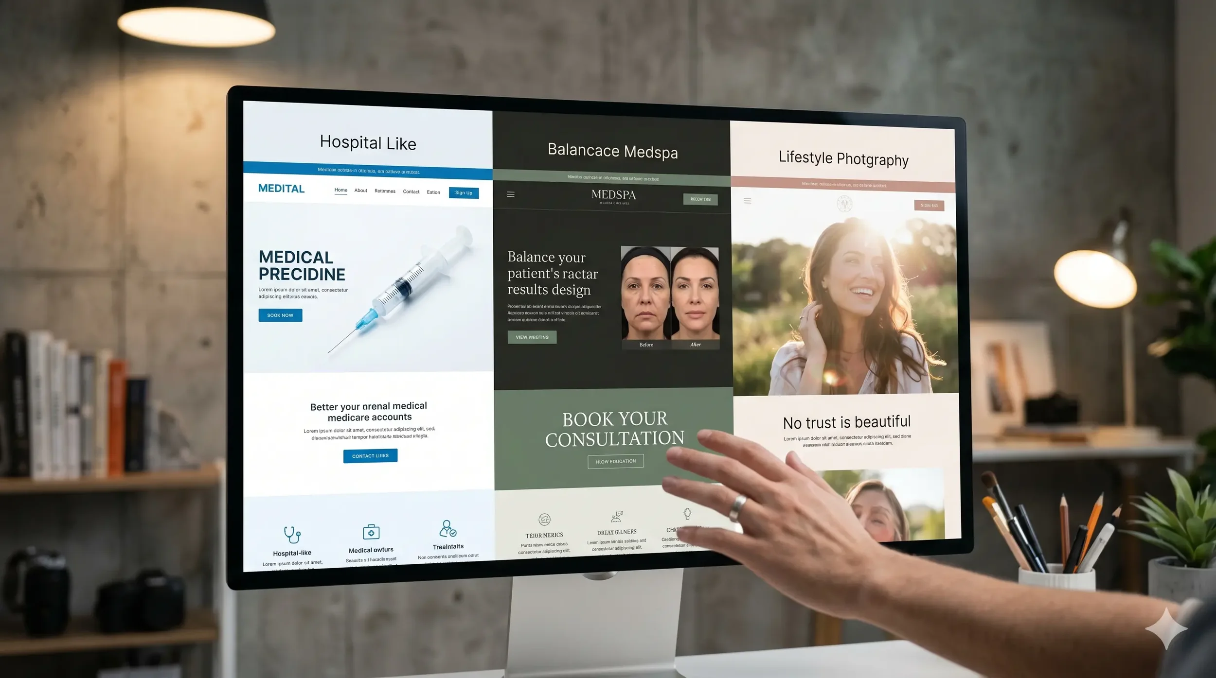 Visual showing the medspa design spectrum from overly clinical to overly aspirational, with the high-converting middle ground that balances both