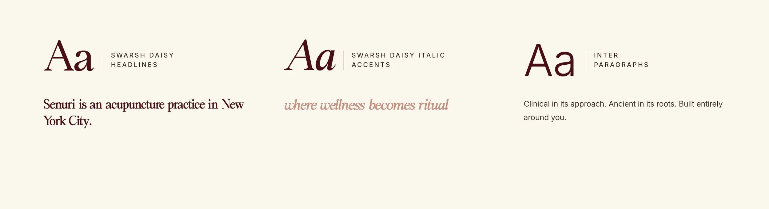 Senuri Acupuncture typography: Swarsh Daisy, Swarsh Daisy Italic, and Inter