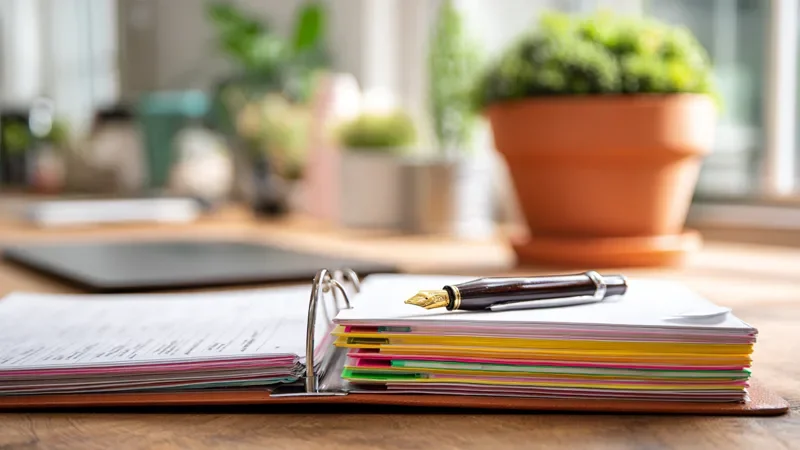 An open contract binder with tabbed sections and a pen rests on a walnut desk in a bright clinic office, a laptop and a small terracotta plant softly blurred behind it, with no readable text.