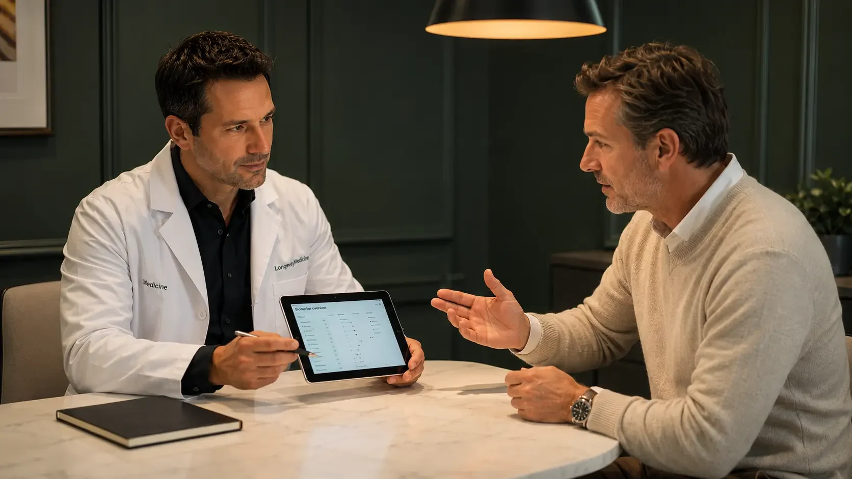 Longevity physician and patient reviewing biomarker data on a tablet at a consultation table with dark green walls and warm amber light, engaged editorial documentary portrait