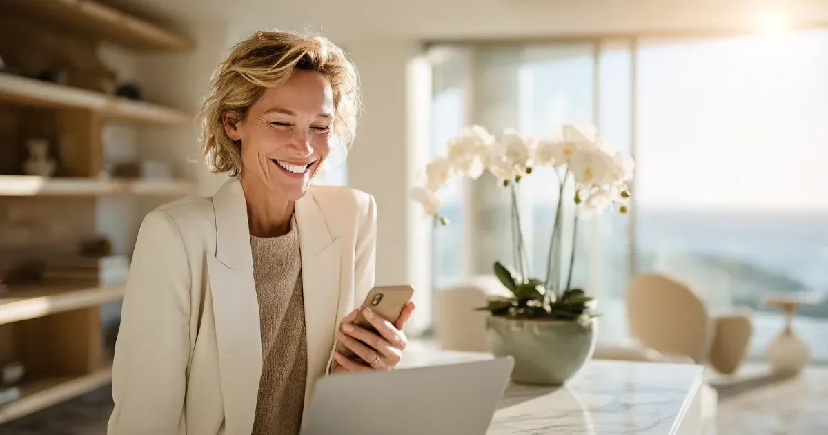 Paid and organic search for a local service business owner: a smiling woman in a cream blazer checks her phone at a marble desk with a laptop, white orchids and a sunlit ocean view in a bright, luxurious office.