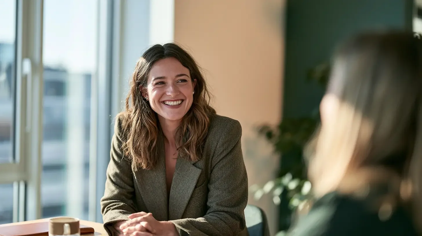 Wealth manager in conversation with a high-net-worth client across a table in a refined office with warm light and dark green accents, editorial documentary portrait