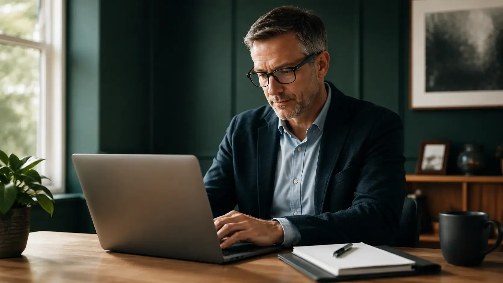 CPA working on firm content at a desk with a laptop in a warm office with dark green walls and natural light, focused editorial documentary portrait