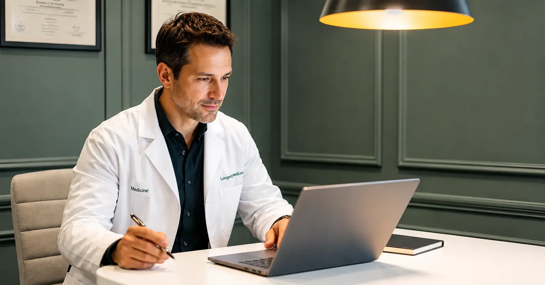 Longevity clinic physician reviewing patient data on a laptop at a clean desk in a modern clinic office with dark green walls and warm amber pendant light, focused editorial portrait