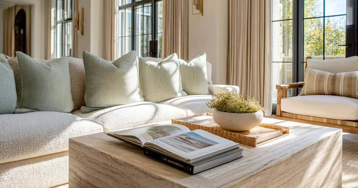 Interior design marketing: a bright editorial living room with layered cream and soft sage textiles, a stone coffee table and an open book of fabric swatches in warm afternoon light.