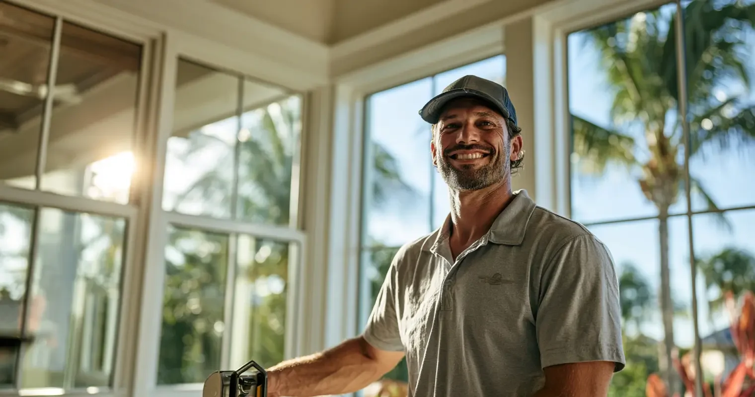 Impact window installer measuring a large window in a bright Southwest Florida home in warm daylight, editorial documentary portrait