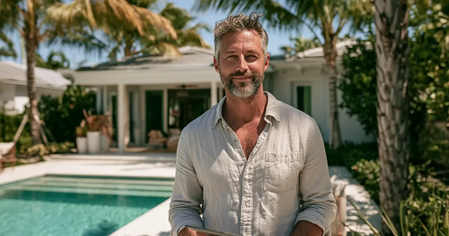 Pool builder reviewing plans confidently beside a bright new Miami backyard pool with palms and warm daylight, editorial documentary portrait