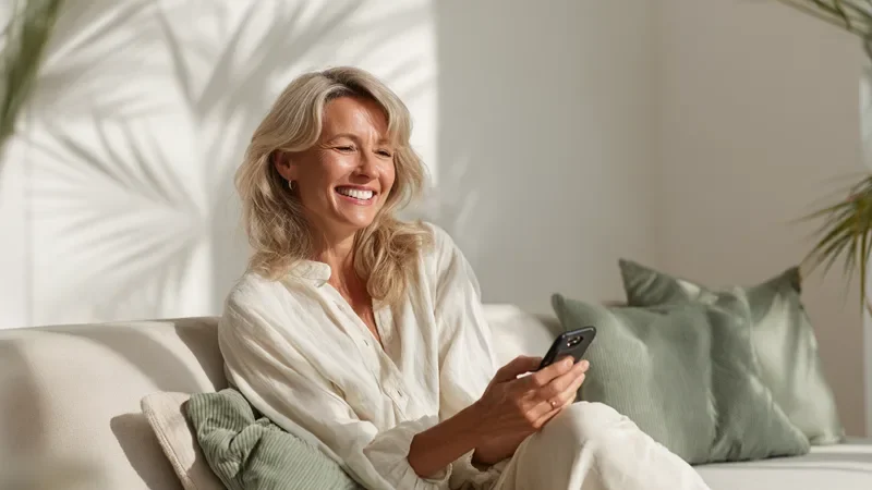 A homeowner relaxes on a cream sofa in a bright coastal living room with sage cushions, checking a contractor website on her phone before requesting an estimate, screen angled away.