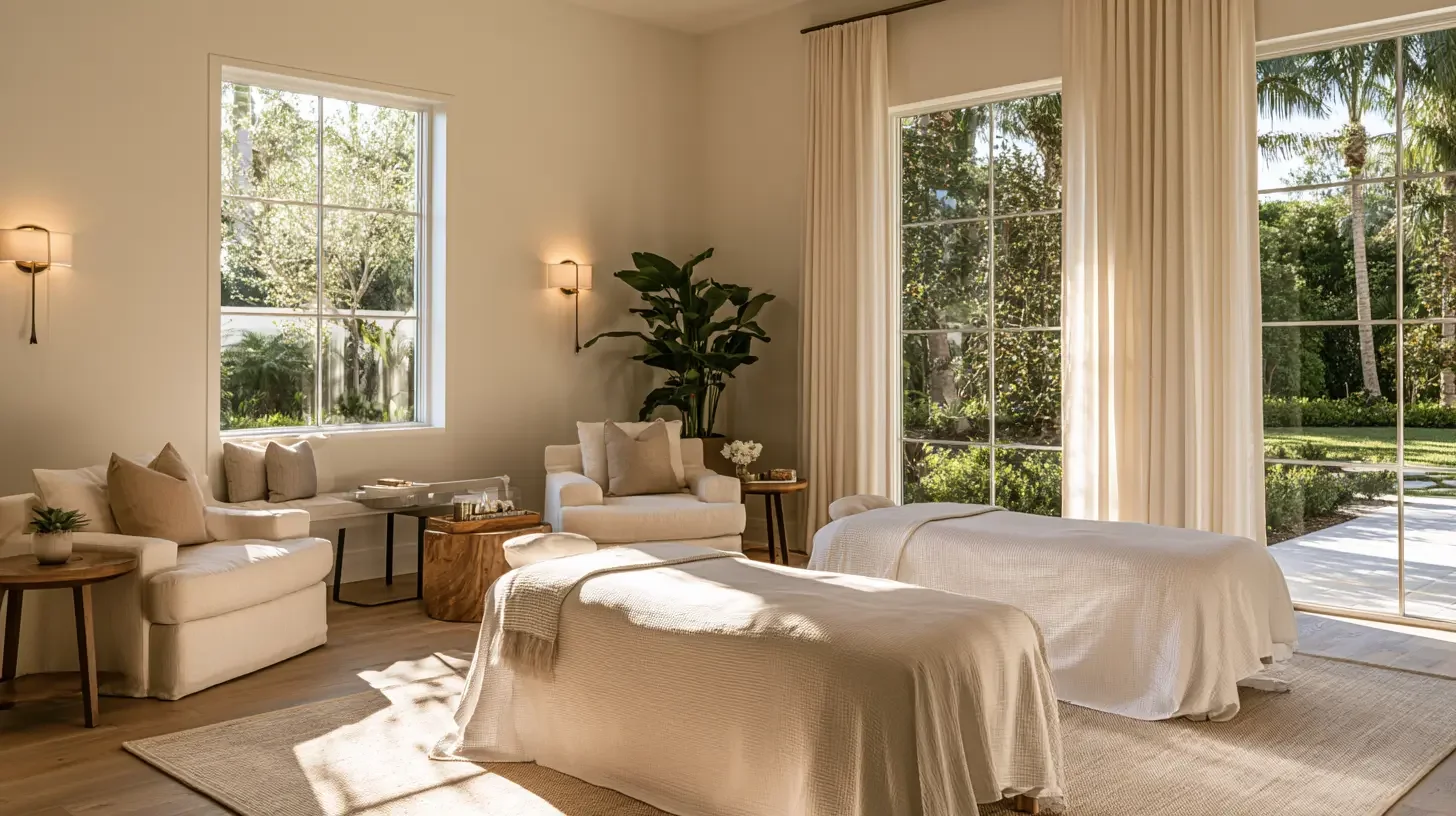 Bright elegant North Naples med spa treatment room in warm natural daylight, editorial interior photography