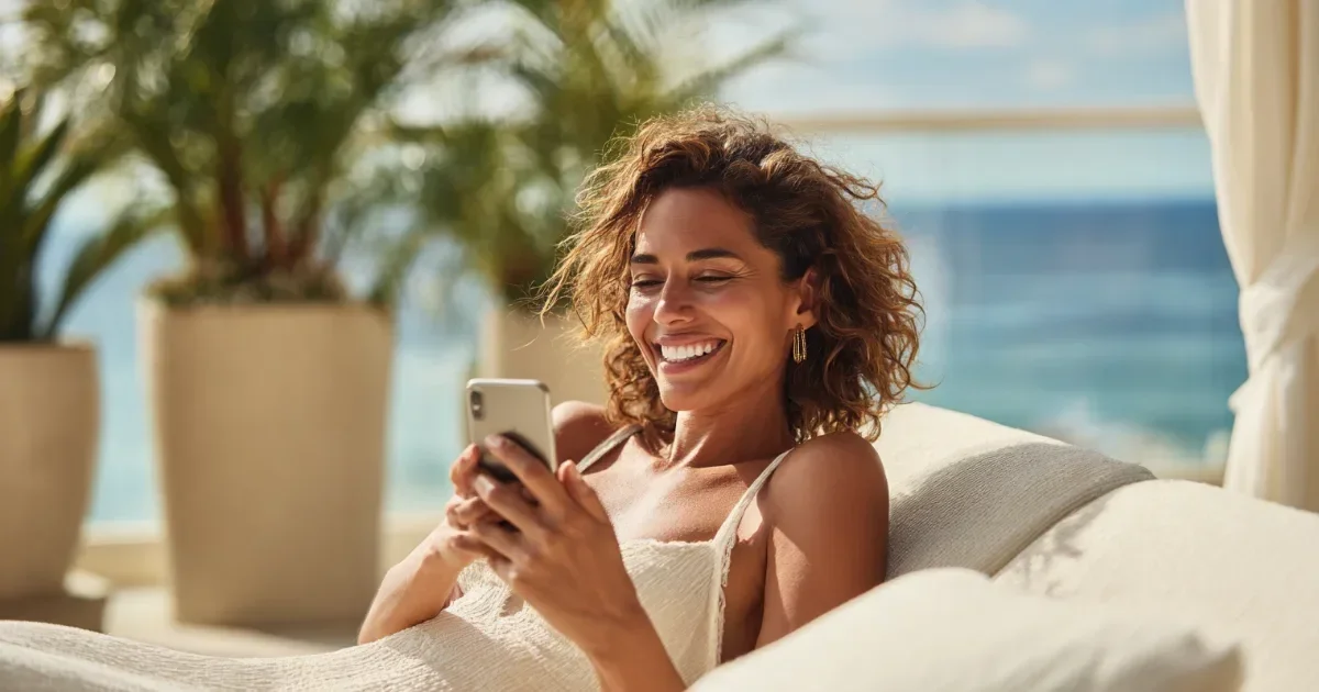 Med spa SEO and AI answers: a smiling woman lounges on a cream daybed reading her smartphone on a sunny terrace with potted palms and an ocean view behind her.