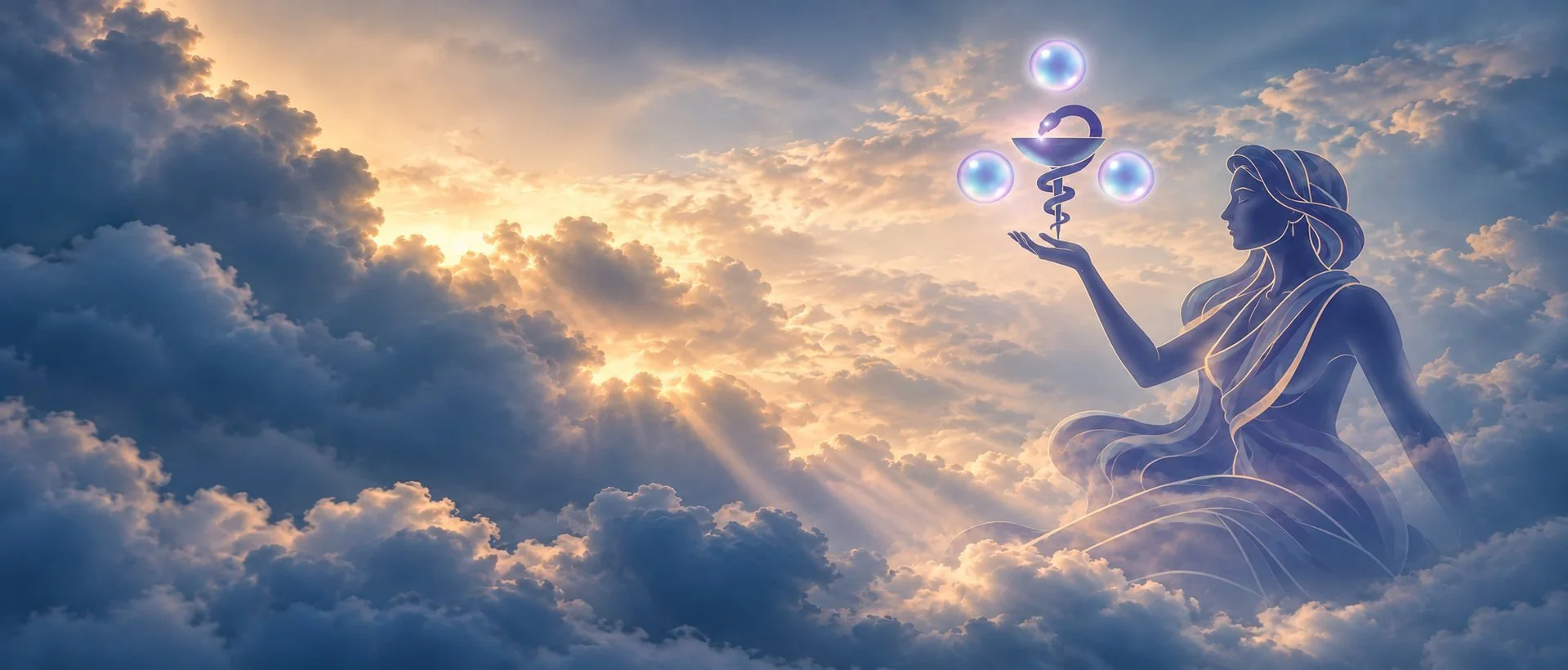 Hygeia, the Greek goddess of health, rising through golden clouds on the Hygeia website