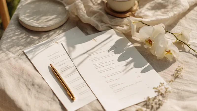 Two printed website proposals lie side by side on a linen table with a brass pen, in warm daylight with a white orchid nearby.