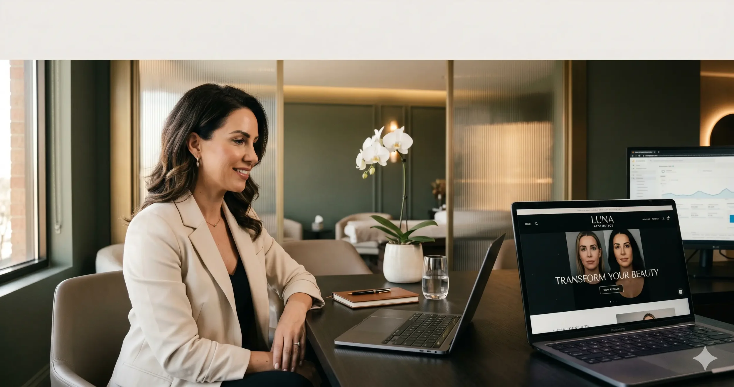 Medspa founder reviewing high-converting aesthetic website analytics on laptop in a luxury clinic, clean dark editorial website design visible on screen