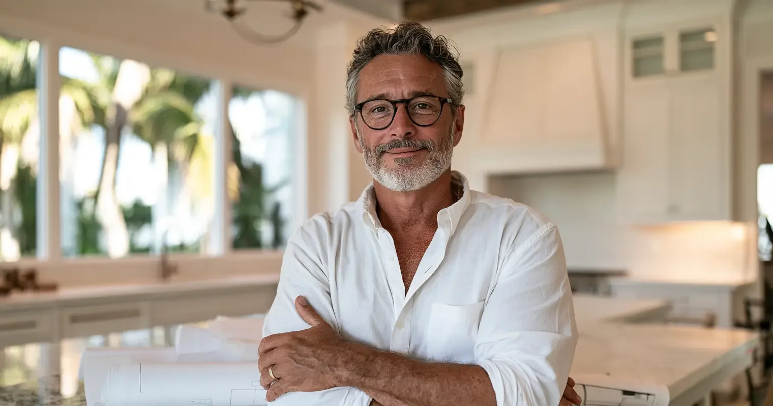 Remodeling contractor reviewing plans in a bright renovated Southwest Florida kitchen in warm daylight, editorial documentary portrait
