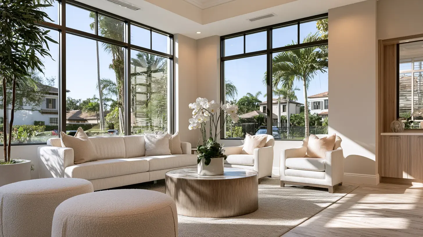 Bright elegant Naples concierge medical office reception in warm natural daylight, editorial interior photography