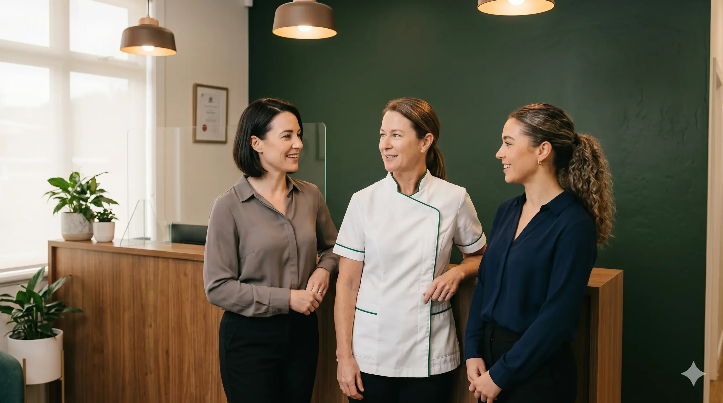 Dental practice team of three in a modern warmly lit space with dark green accent wall, genuine and professional group portrait, editorial documentary style