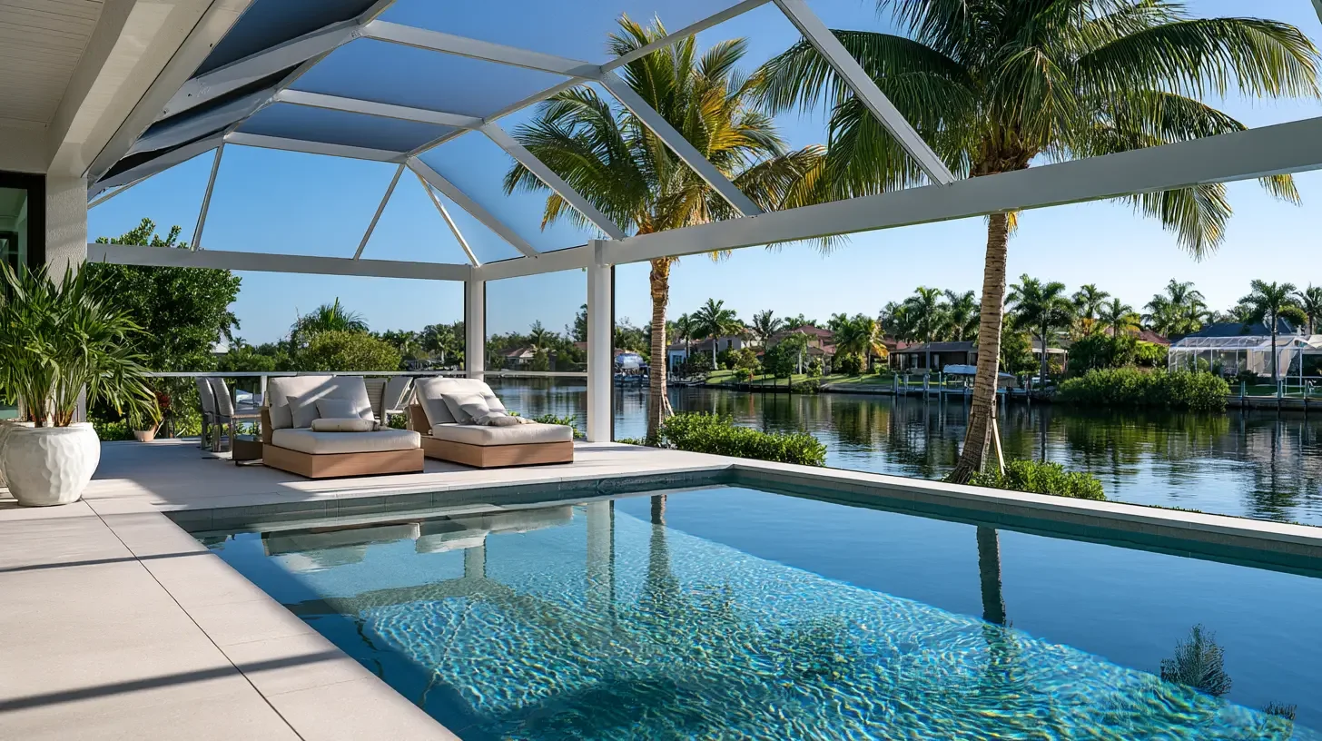 Bright new panoramic pool cage over a clean pool at a Southwest Florida canal home in warm daylight, editorial photography, no people