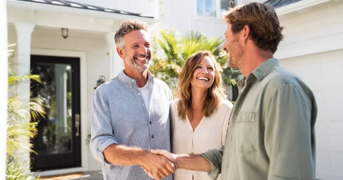 Angi vs Google Local Services Ads for contractors: a smiling contractor shakes hands with a happy homeowner couple at the front door of a white luxury home with palm trees on a sunny day.
