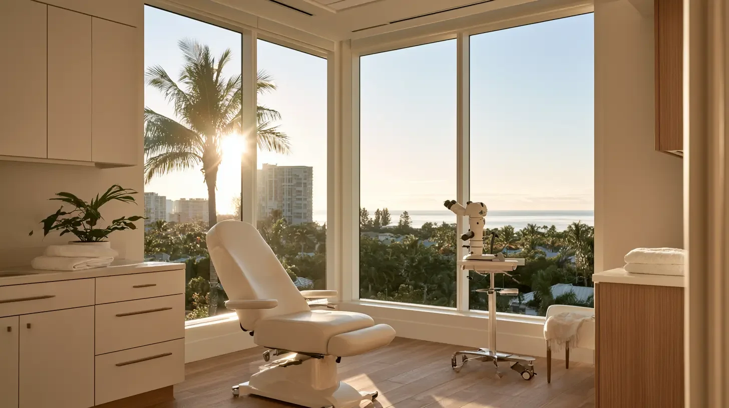 Bright modern Fort Myers dermatology exam room with clean professional equipment in warm daylight, editorial interior photography, no people