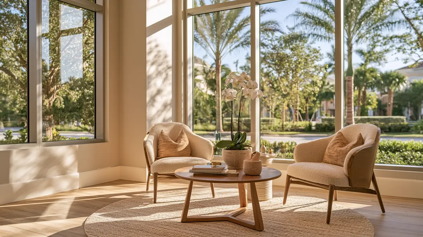 Bright elegant Naples plastic surgery consultation suite in warm natural daylight, editorial interior photography