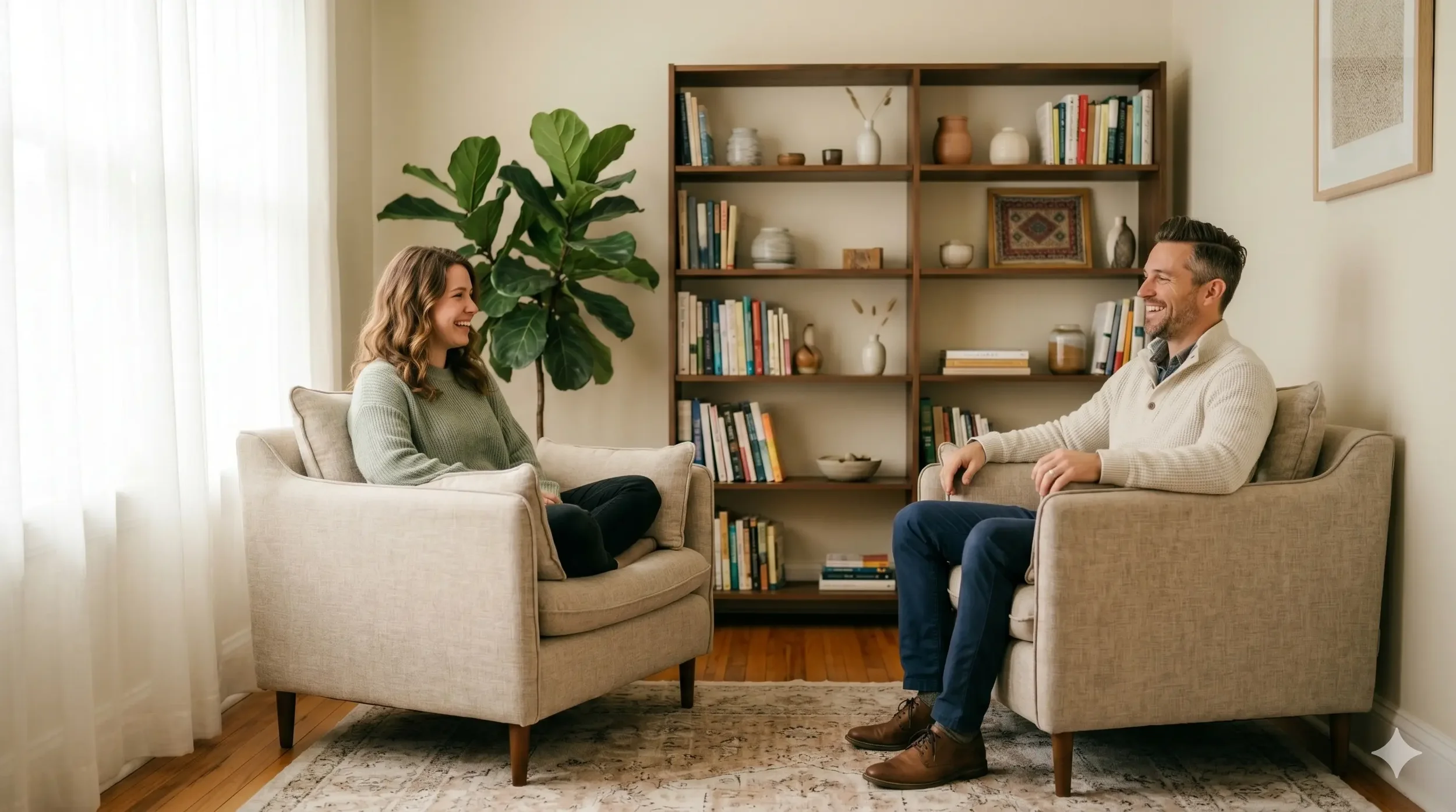 Calm therapy consultation room with two soft cushioned chairs, warm natural light, indoor plants and bookshelf, peaceful editorial interior photography