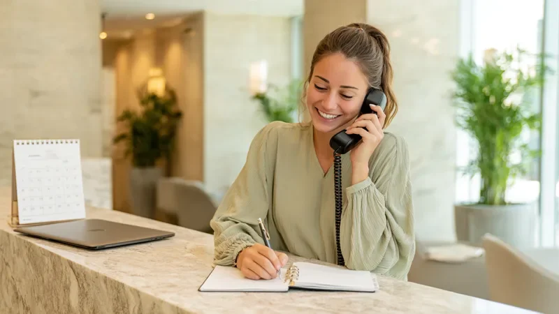 An intake coordinator at a law firm reception desk answers a phone call while taking notes, with a calendar and a laptop on the desk in a bright office.
